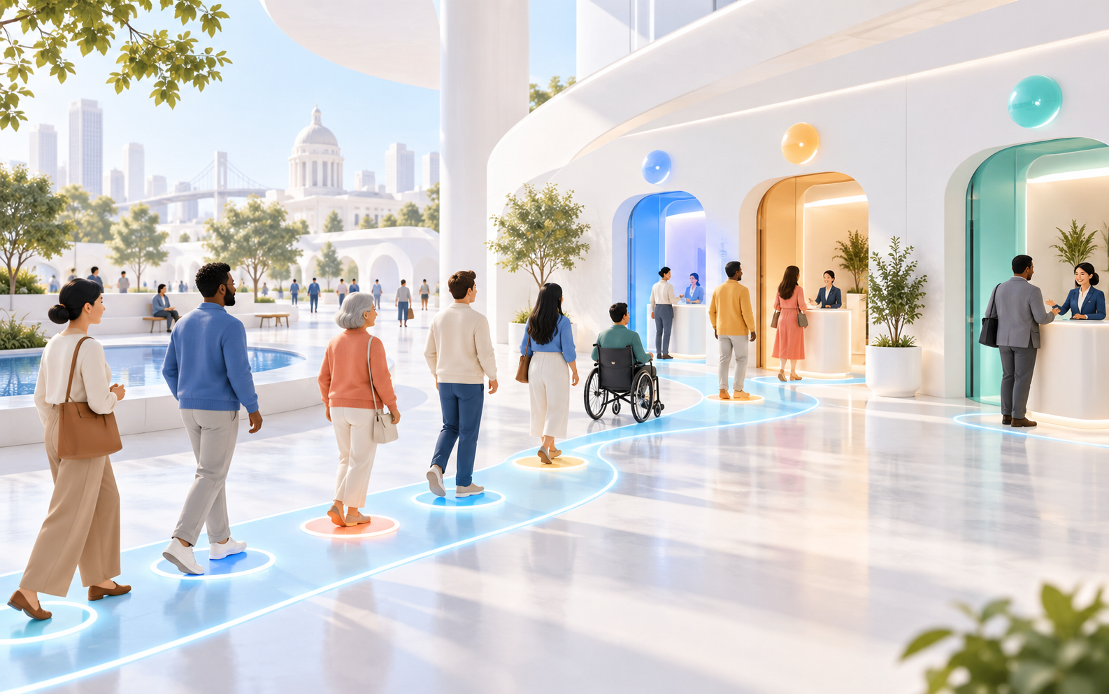 Светлая концептуальная сцена о движении людей по единой электронной очереди к городским сервисам.